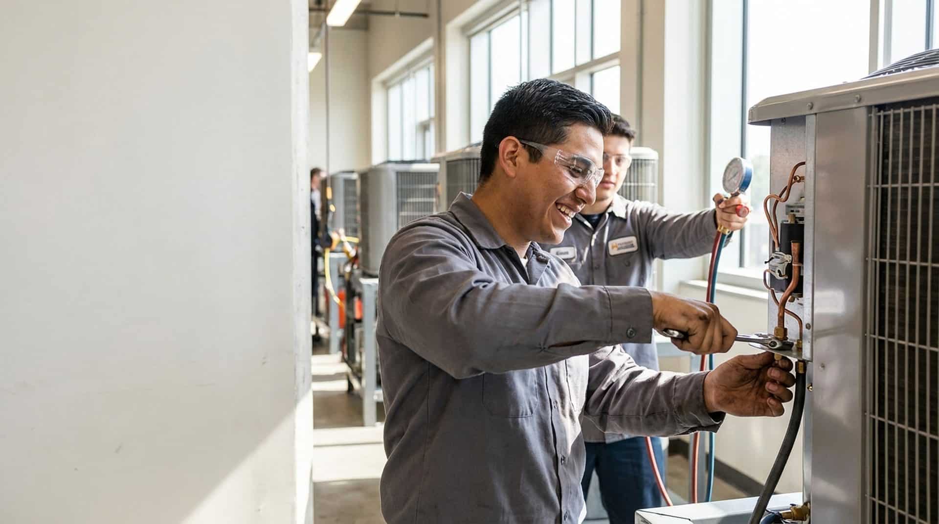 HVAC students working on refrigeration equipment in a training lab