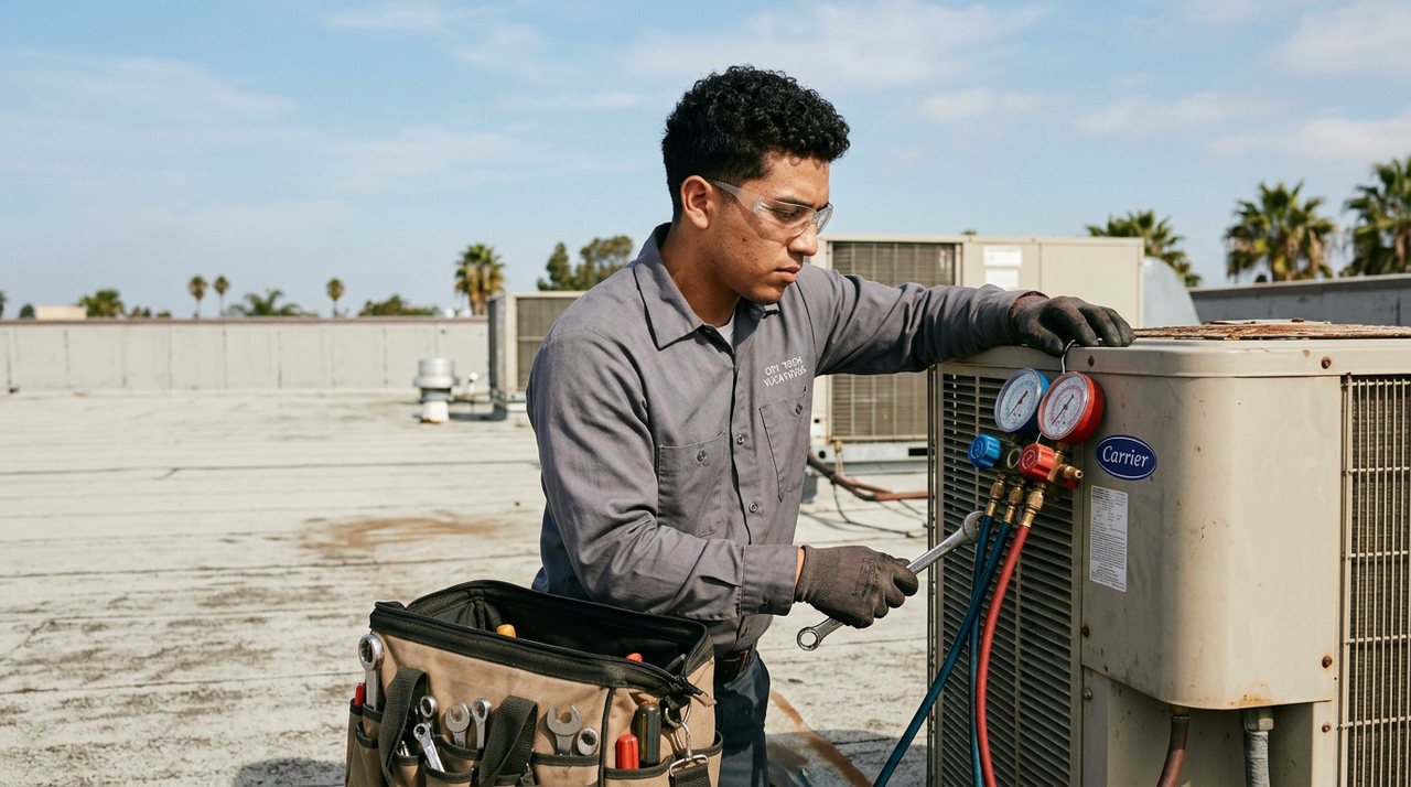HVAC technician servicing a rooftop condensing unit
